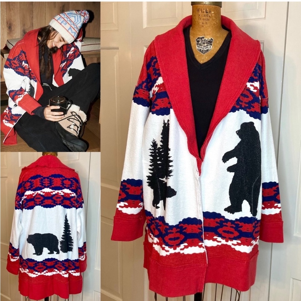 Free People FP Movement All Team Oversized Cardigan Jacket Bear Print Sz small